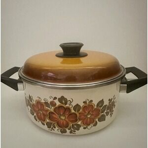 Capri‎ Enamel Steel Dutch Oven Pot Made In Spain Vintage Floral Decal 3 Qt